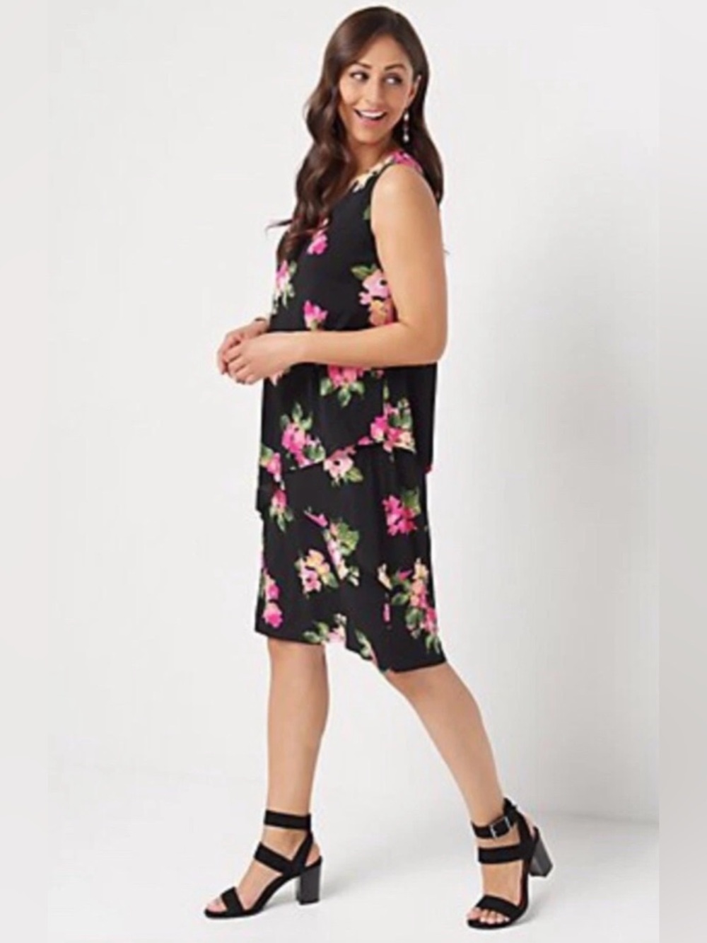 Susan Graver Black Floral Sleeveless Layered Shift Dress Pink Floral Size Large